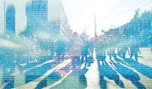 People walking on a street with a series of numbers superimposed