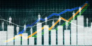 A rendering of people standing on a bar graph